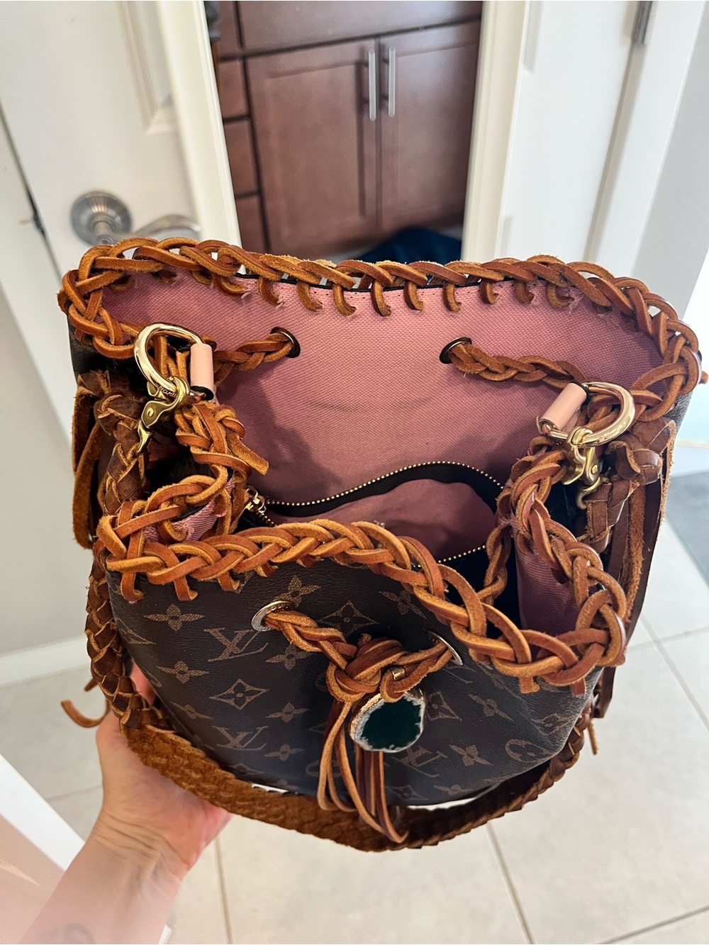 Repurposed Louis Vuitton Canvas Brown Monogram Fringe Bucket Bag - Brown/Pink - Picture 2 of 6